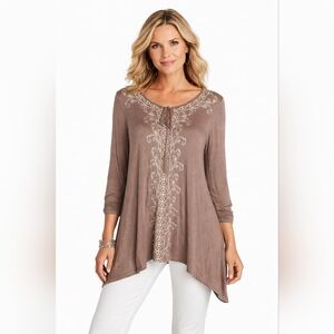 Andree Brown Embroidered Medium Asymmetric Hem Top Tassels Boho Festival